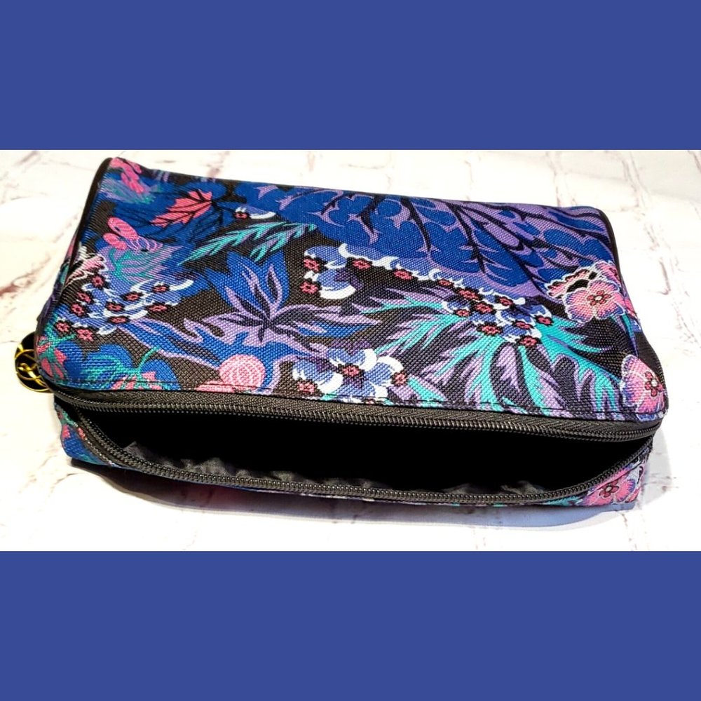 Vintage Estee Lauder Blue Tropical Floral Cosmetic Make-Up Bag Case Zipper Top